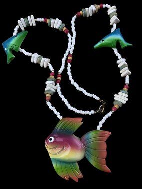 Vintage Rainbow Fish Wood Beaded Tropical Statement Necklace